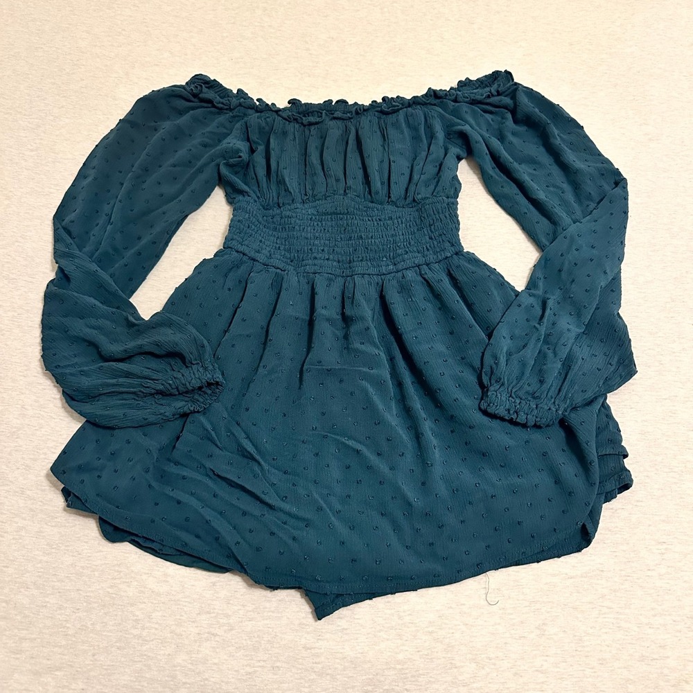 Hollister Teal Green Swiss Dot Off the Shoulder Smocked Romper Pockets Small